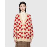 Gucci Women's Les Pommes Cotton Heart Sweater White Hearts Knit Cotton Jacquard V-Neck - Image 11