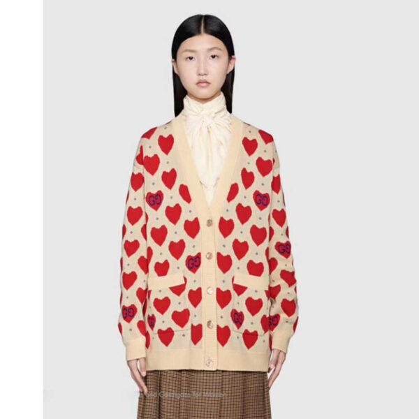 Gucci Women’s Les Pommes Cotton Heart Sweater White Hearts Knit Cotton Jacquard V-Neck (2)