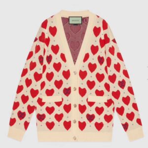 Gucci Women's Les Pommes Cotton Heart Sweater White Hearts Knit Cotton Jacquard V-Neck