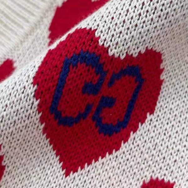 Gucci Women’s Les Pommes Cotton Heart Sweater White Hearts Knit Cotton Jacquard V-Neck (7)