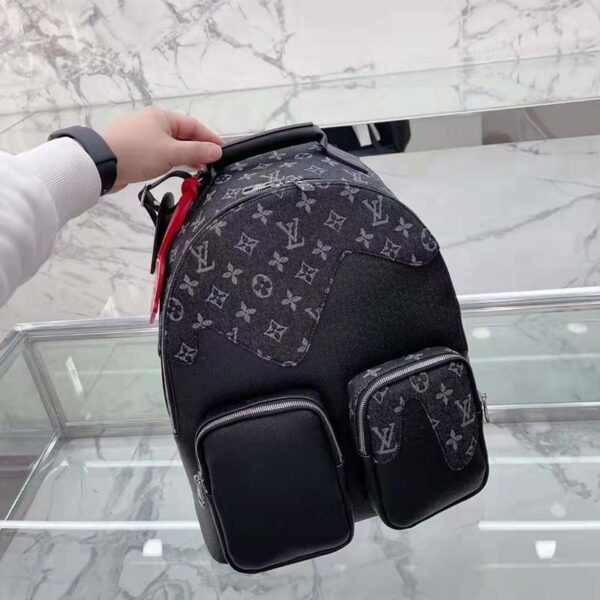 Louis Vuitton LV Unisex Backpack Multipocket Black Monogram Denim Taurillon Cowhide Leather (10)