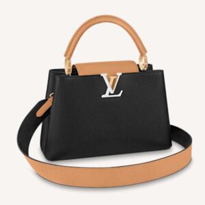 Louis Vuitton LV Women Capucines MM Handbag Black Gold Arizona Taurillon Leather