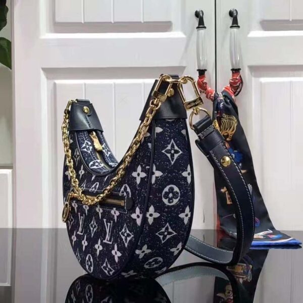 Louis Vuitton LV Women Half-Moon Loop Baguette Handbag Navy Blue Denim Jacquard (2)