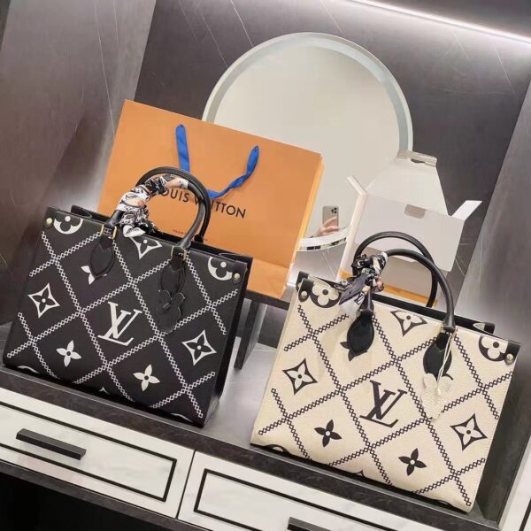 Louis Vuitton LV Women OnTheGo MM Tote Bag Beige Embossed Supple Grained Cowhide (2)