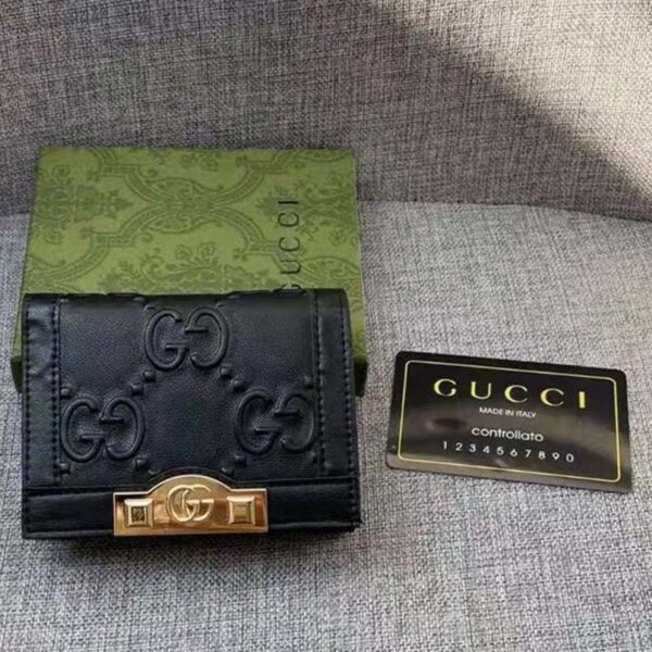 Gucci Unisex Card Case Wallet Black GG Leather Double G (1)