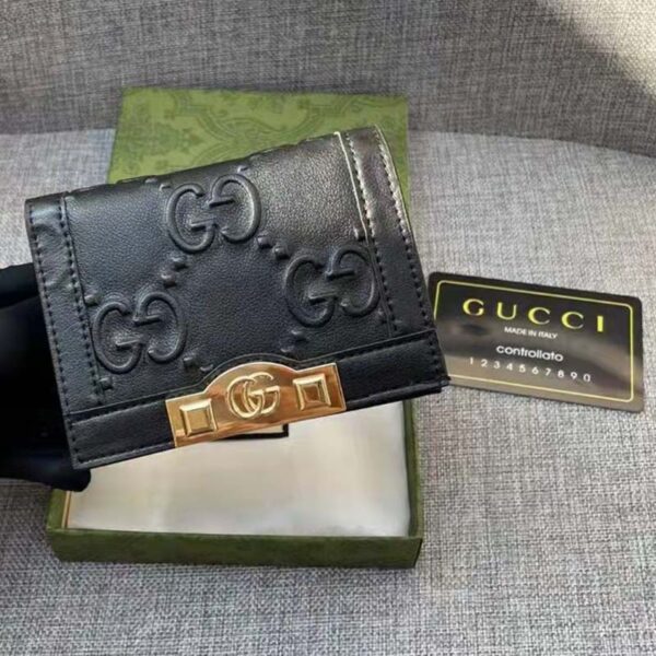 Gucci Unisex Card Case Wallet Black GG Leather Double G (3)