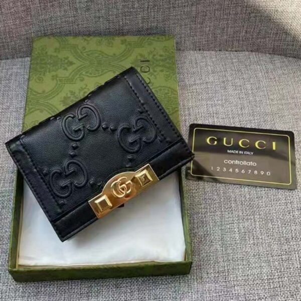 Gucci Unisex Card Case Wallet Black GG Leather Double G (8)