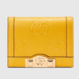 Gucci Unisex Card Case Wallet Yellow GG Leather Double G