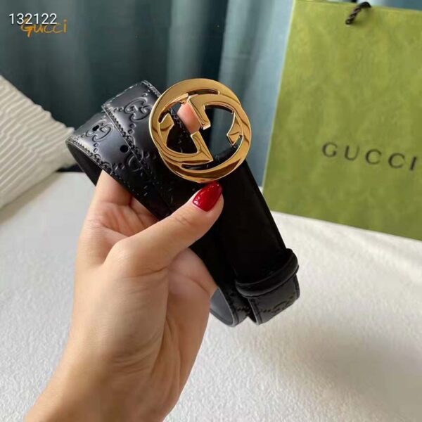 Gucci Unisex GG Signature Leather Belt Interlocking G Buckle Gold Hardware 4 cm Width (3)