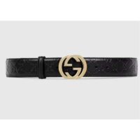 Gucci Unisex GG Signature Leather Belt Interlocking G Buckle Gold Hardware 4 cm Width (4)