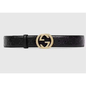 Gucci Unisex GG Signature Leather Belt Interlocking G Buckle Gold Hardware 4 cm Width