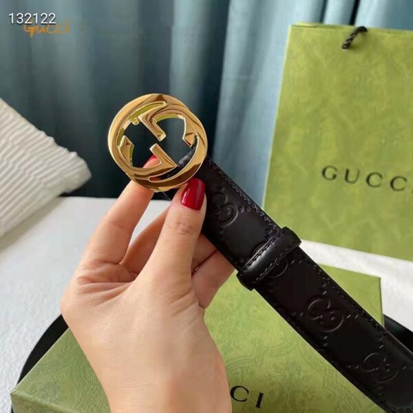 Gucci Unisex GG Signature Leather Belt Interlocking G Buckle Gold Hardware 4 cm Width (5)