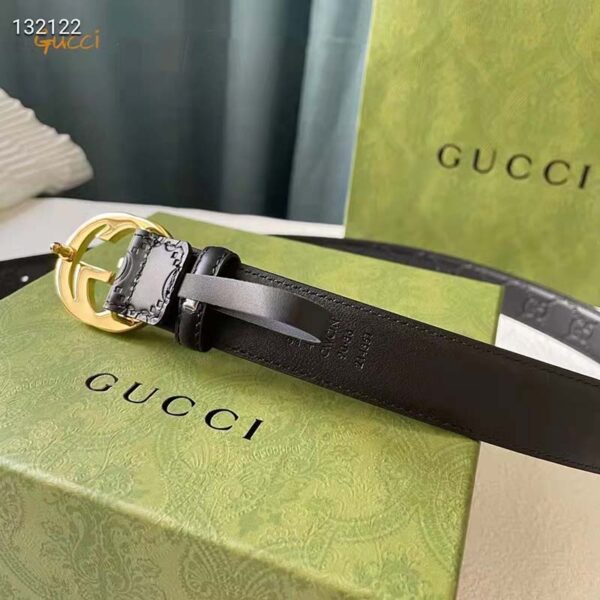 Gucci Unisex GG Signature Leather Belt Interlocking G Buckle Gold Hardware 4 cm Width (6)
