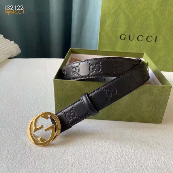 Gucci Unisex GG Signature Leather Belt Interlocking G Buckle Gold Hardware 4 cm Width (7)
