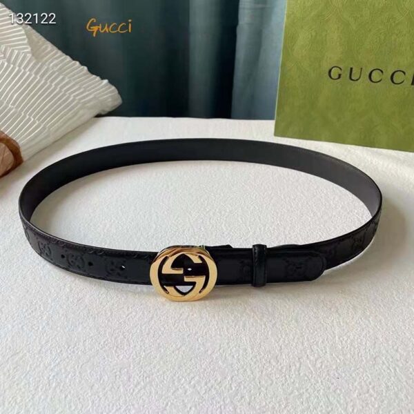 Gucci Unisex GG Signature Leather Belt Interlocking G Buckle Gold Hardware 4 cm Width (8)