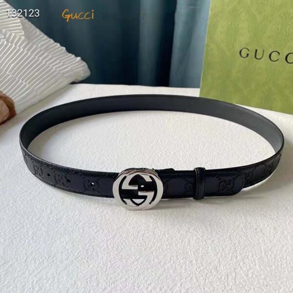 Gucci Unisex GG Signature Leather Belt Interlocking G Buckle Silver Hardware 4 cm Width (2)