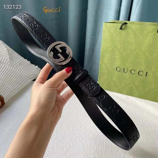Gucci Unisex GG Signature Leather Belt Interlocking G Buckle Silver Hardware 4 cm Width (4)