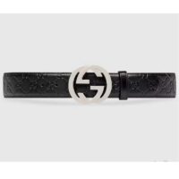 Gucci Unisex GG Signature Leather Belt Interlocking G Buckle Silver Hardware 4 cm Width (5)