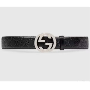 Gucci Unisex GG Signature Leather Belt Interlocking G Buckle Silver Hardware 4 cm Width
