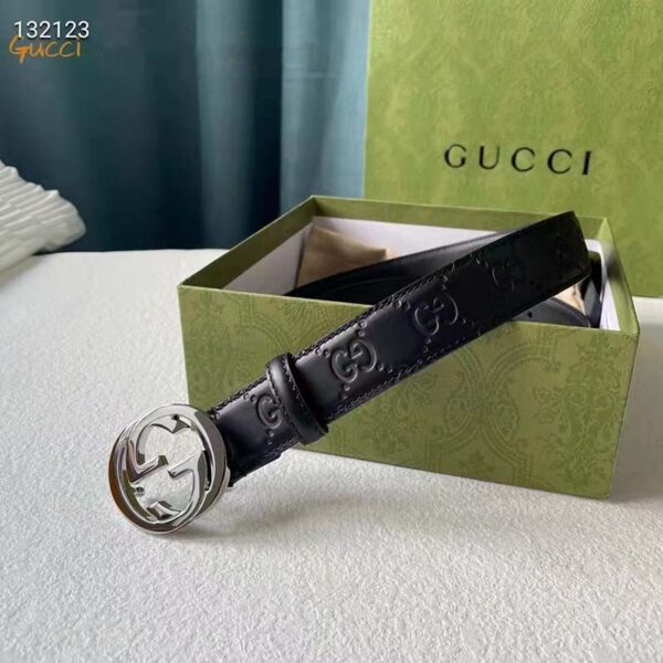 Gucci Unisex GG Signature Leather Belt Interlocking G Buckle Silver Hardware 4 cm Width (6)