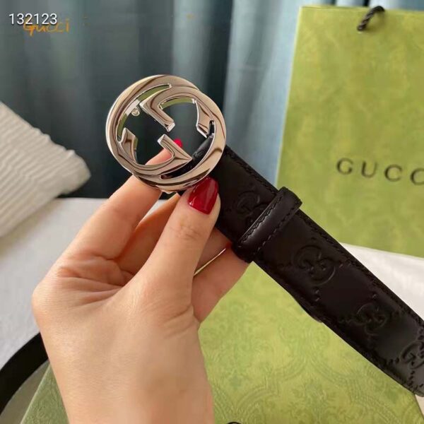 Gucci Unisex GG Signature Leather Belt Interlocking G Buckle Silver Hardware 4 cm Width (7)