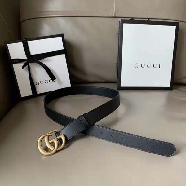 Gucci Unisex Slim Leather Belt Double G Buckle Black Leather 3 cm Width (2)