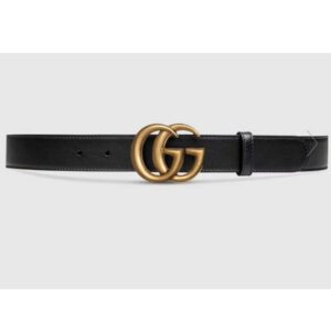 Gucci Unisex Slim Leather Belt Double G Buckle Black Leather 3 cm Width