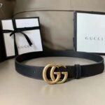 Gucci Unisex Slim Leather Belt Double G Buckle Black Leather 3 cm Width - Image 2