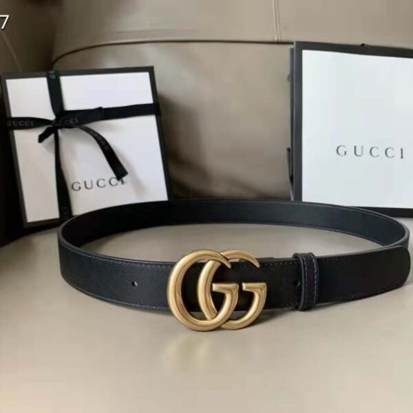 Gucci Unisex Slim Leather Belt Double G Buckle Black Leather 3 cm Width (9)