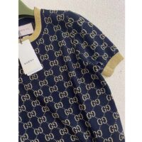 Gucci Women GG Cotton Lamé Top Blue Cotton Gold Lamé Trim Crew-Neck (2)