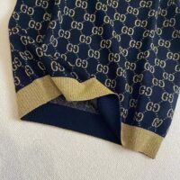 Gucci Women GG Cotton Lamé Top Blue Cotton Gold Lamé Trim Crew-Neck (2)