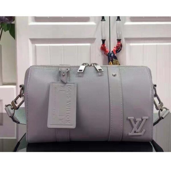 Louis Vuitton LV Unisex City Keepall Bag Gray Aerogram Cowhide Leather Textile Lining (9)