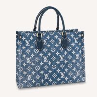 Louis Vuitton LV Unisex Onthego MM Tote Navy Blue Denim Jacquard Textile Calf (1)