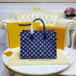 Louis Vuitton LV Unisex Onthego MM Tote Navy Blue Denim Jacquard Textile Calf - Image 2