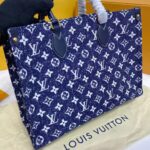 Louis Vuitton LV Unisex Onthego MM Tote Navy Blue Denim Jacquard Textile Calf - Image 6