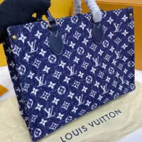 Louis Vuitton LV Unisex Onthego MM Tote Navy Blue Denim Jacquard Textile Calf (1)