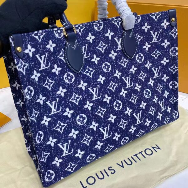 Louis Vuitton LV Unisex Onthego MM Tote Navy Blue Denim Jacquard Textile Calf (12)