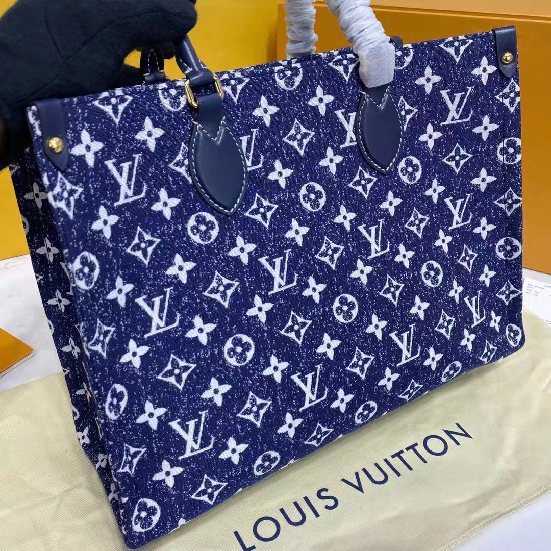 Louis Vuitton OnTheGo MM Handbag Navy Blue Denim jacquard Textile –  EliteLaza