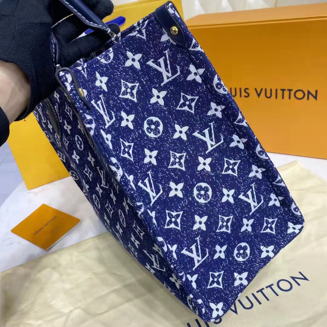 Louis Vuitton OnTheGo MM Handbag Navy Blue Denim jacquard Textile –  EliteLaza