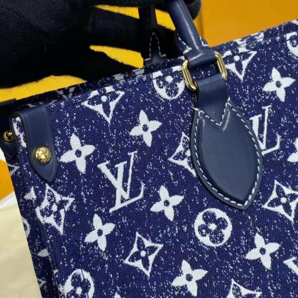 Louis Vuitton LV Unisex Onthego MM Tote Navy Blue Denim Jacquard Textile Calf (14)