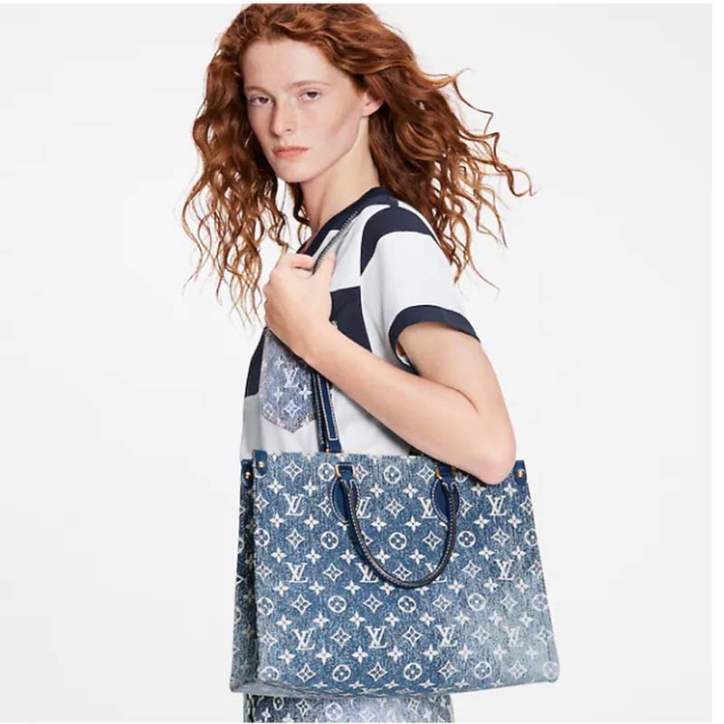 Louis Vuitton OnTheGo MM Handbag Navy Blue Denim jacquard Textile –  EliteLaza