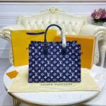 Louis Vuitton LV Unisex Onthego MM Tote Navy Blue Denim Jacquard Textile Calf - Image 3