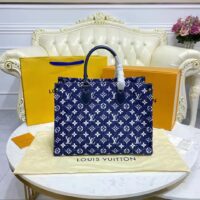 Louis Vuitton LV Unisex Onthego MM Tote Navy Blue Denim Jacquard Textile Calf (1)