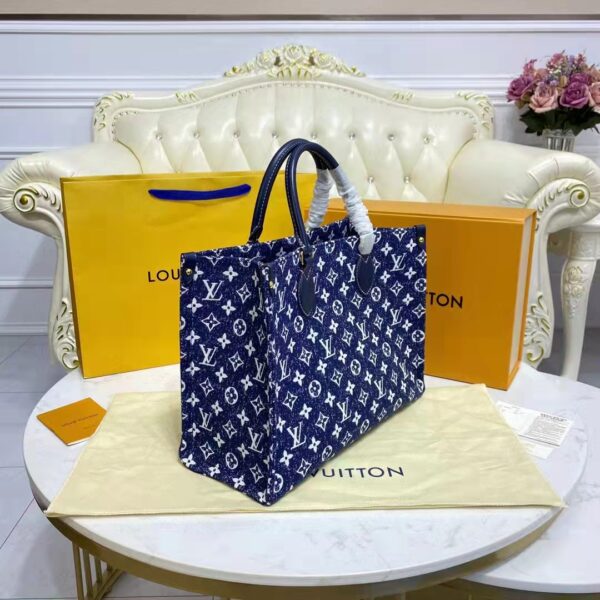 Louis Vuitton LV Unisex Onthego MM Tote Navy Blue Denim Jacquard Textile Calf (9)