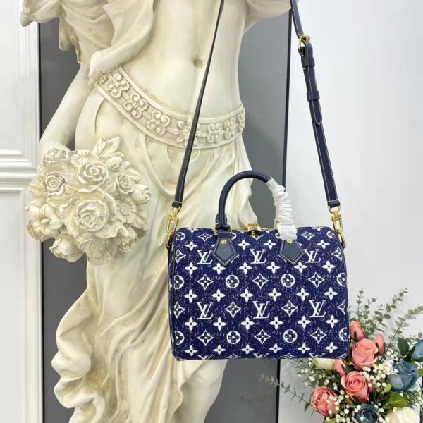Louis Vuitton LV Unisex Speedy Bandoulière 25 Handbag Navy Blue Denim Jacquard Calfskin (10)