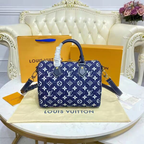 Louis Vuitton LV Unisex Speedy Bandoulière 25 Handbag Navy Blue Denim Jacquard Calfskin (13)