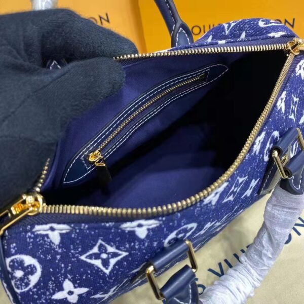 Louis Vuitton LV Unisex Speedy Bandoulière 25 Handbag Navy Blue Denim Jacquard Calfskin (16)