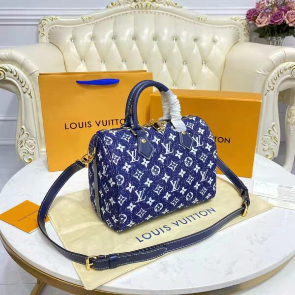 Louis Vuitton LV Unisex Speedy Bandoulière 25 Handbag Navy Blue Denim Jacquard Calfskin (5)