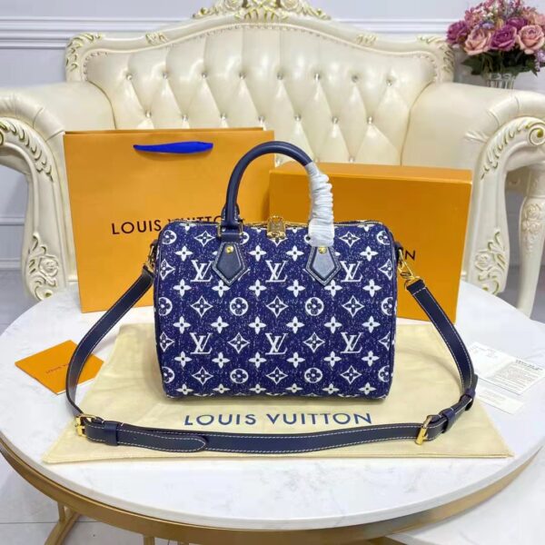 Louis Vuitton LV Unisex Speedy Bandoulière 25 Handbag Navy Blue Denim Jacquard Calfskin (7)