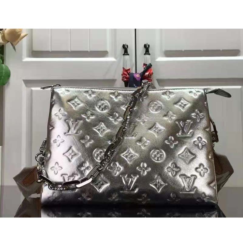 Louis Vuitton Silver Monogram Embossed Puffy Lambskin Coussin PM